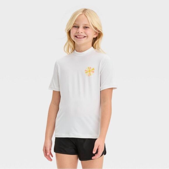 NWT Cat & Jack Size Small (6/7) Sun Print White Short Sleeve Rash Guard Top - Picture 1 of 7